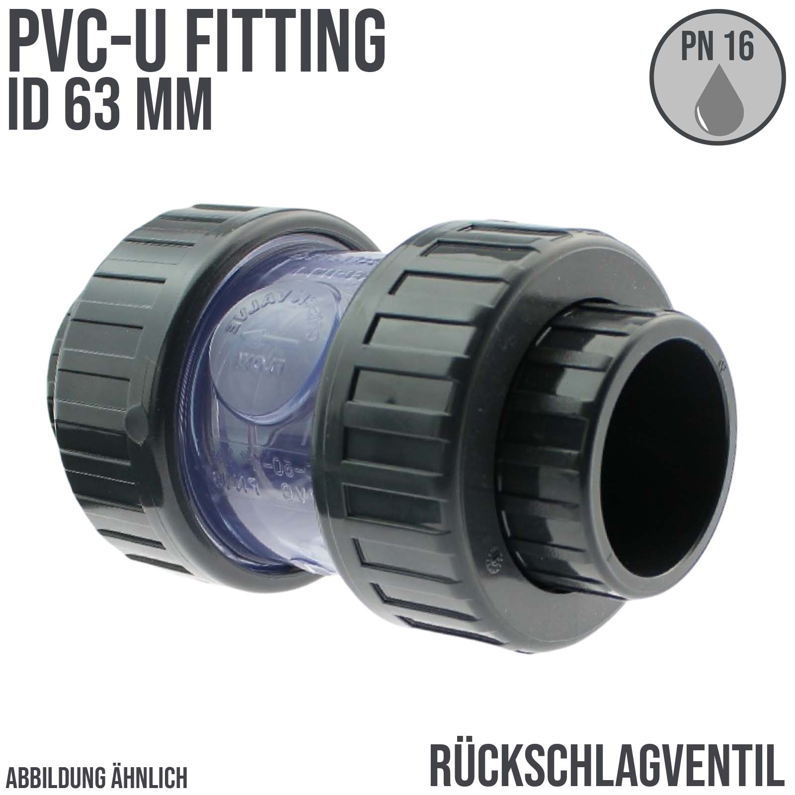 63 mm PVC Rückschlag Ventil federbelastet Klebe Muffe transparent grau - PN 16 bar