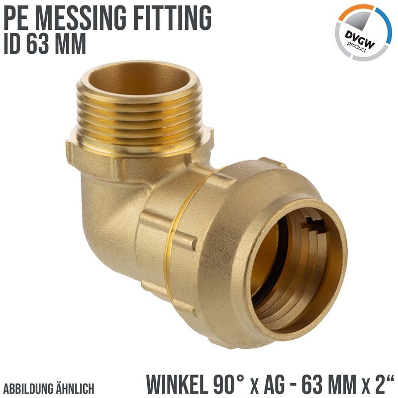 63 mm x 2" PE Fitting Klemm Verbinder Messing Verschraubung Muffe Winkel 90° x AG DVGW - PN 16 bar