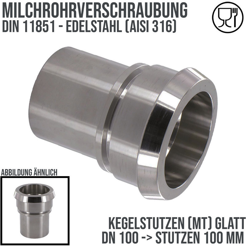 DN 100 Milchrohr Verschraubung DIN 11851 Mutterteil Kegel Stutzen Sicherungsbund - Stutzen glatt 100 mm - PN 25 bar