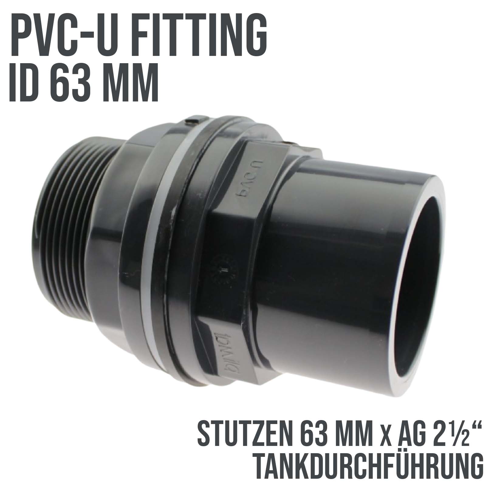 63/75 mm x 2 1/2" Zoll PVC-U Tankdurchführung Klebestutzen auf Klebemuffe x Außengewinde AG - PN 10 bar