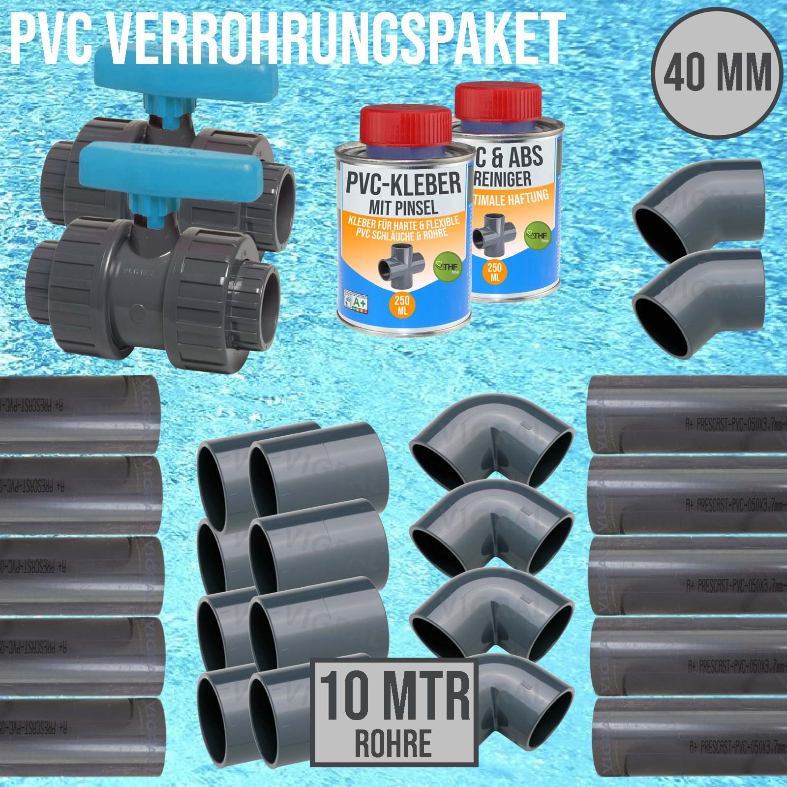 40 mm PVC Klebe Fittings Verrohrungspaket Pool Schwimmbad Schlauch Rohr FEST - 10 m - blau