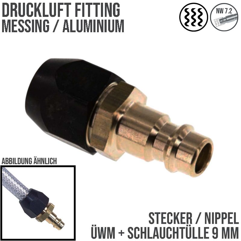 9 mm Druckluft Stecker Nippel Einsteck Überwurf Mutter ÜWM TX Schlauch Tülle Messing NW 7,2 LW - PN 16 bar