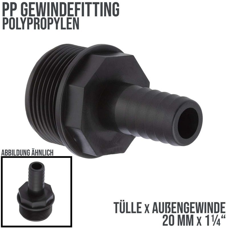 20 mm x 1 1/4 " PP Gewinde Fitting Schlauch Tülle Stutzen Außengewinde AG - PN 6 bar