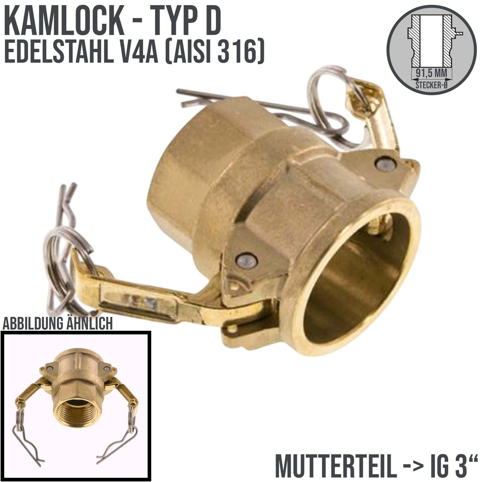 Kamlock Typ D - Mutterteil Messing MS mit Innengewinde (IG) für Stecker 91,5 mm - 3" Zoll DN63 DN65 - PN 10 bar