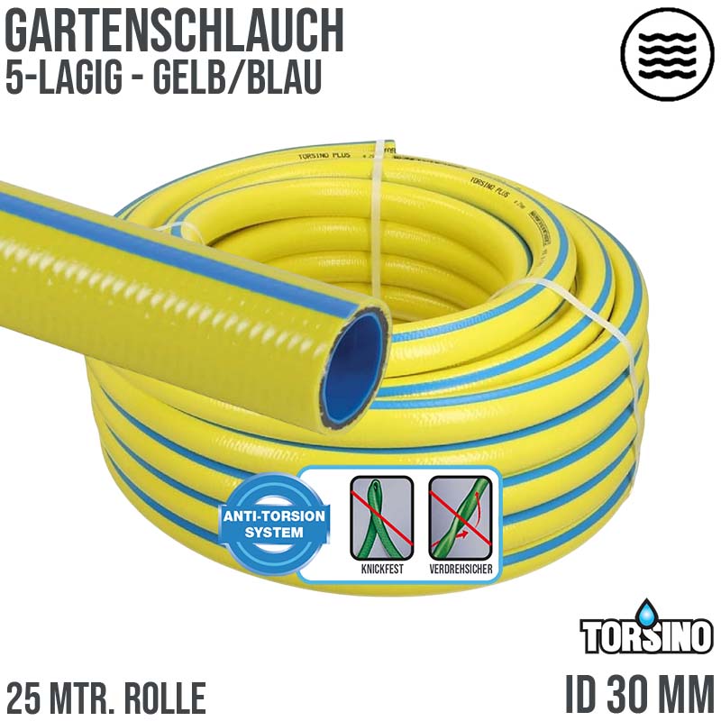 30 mm 5-lagiger Garten Wasser Bewässerung Schlauch gelb Torsiono Plus PN 6 bar - 25m