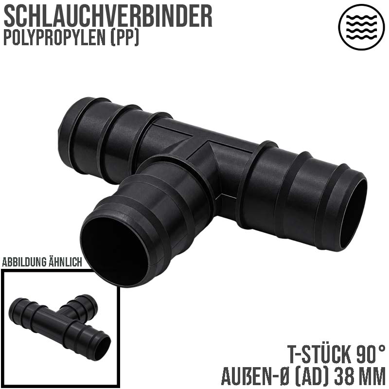 38 mm T-Stück PP Schlauch Tülle Stutzen Verbinder Pool Schlauch schwarz - PN 4 bar