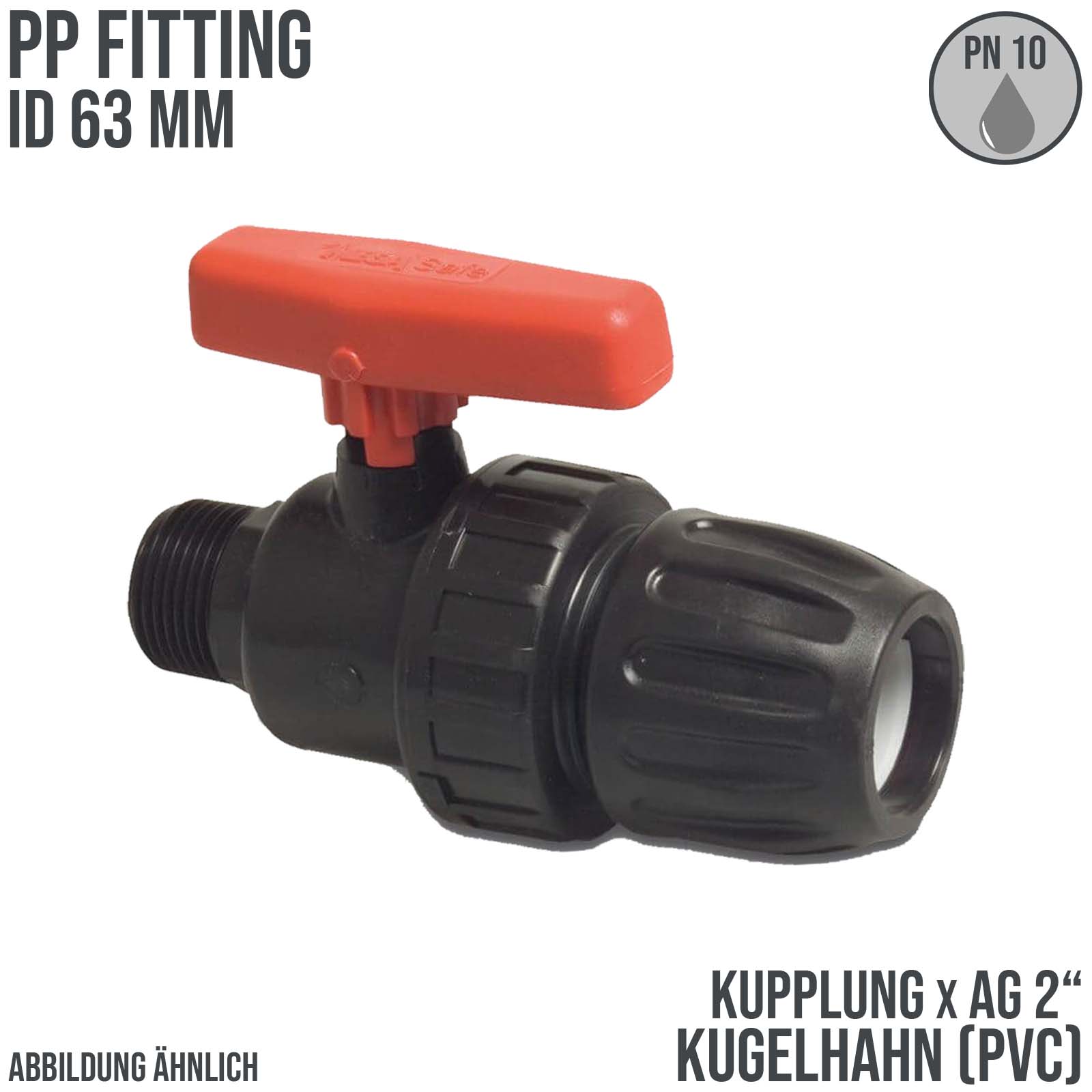 63 mm PE PP Kugelhahn Klemm Muffe Kupplung Außengewinde AG schwarz/rot - PN 10 bar