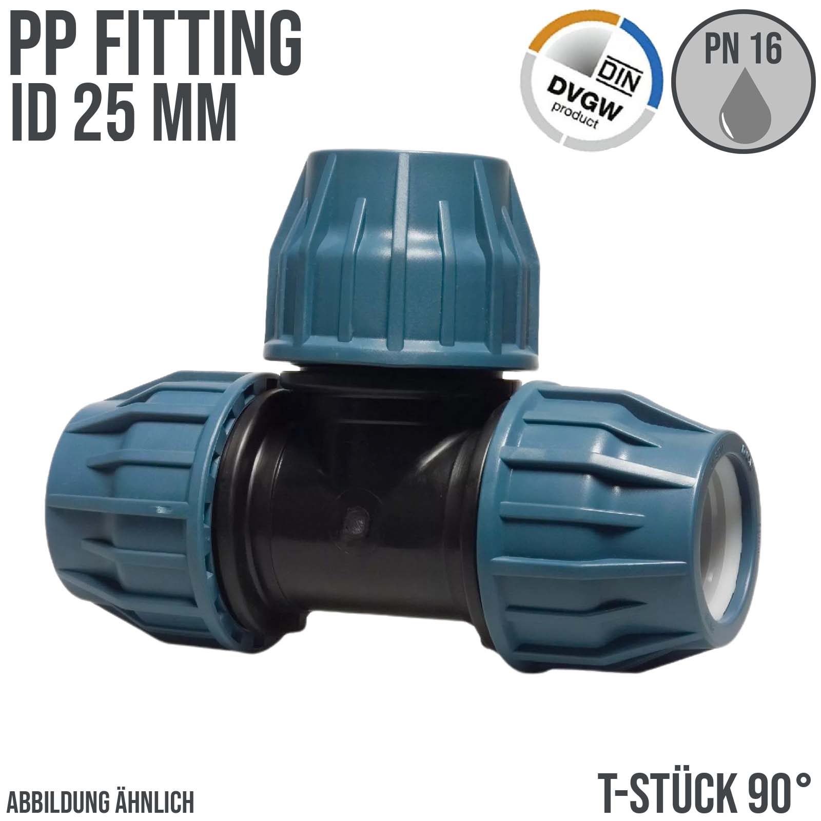 25 mm PE PP Fitting Klemm Verbinder Verschraubung Muffe Rohr T-Stück 90° DVGW - PN 16 bar