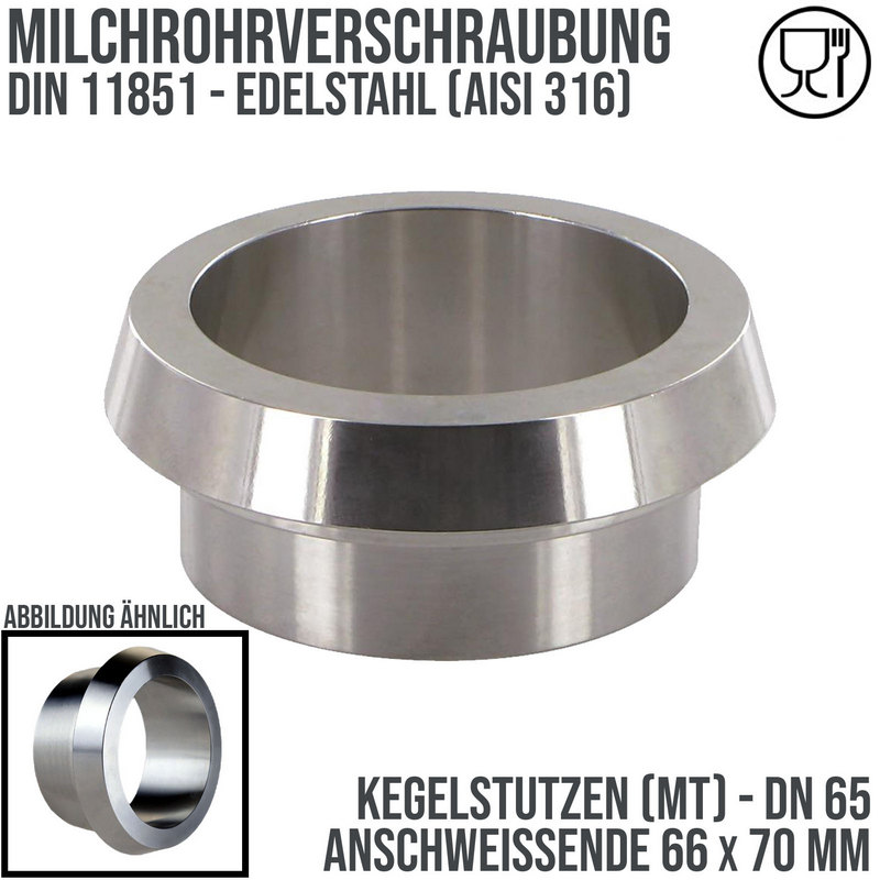 DN 65 Milchrohr Verschraubung DIN 11851 Mutterteil Kegel Stutzen Anschweißende ID x AD 66 x 70 mm - PN 25 bar