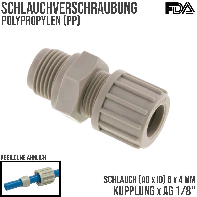 6 x 4 mm x 1/8" Kupplung Aussengewinde PA PP Schlauch Verbinder FDA - PN 10 bar