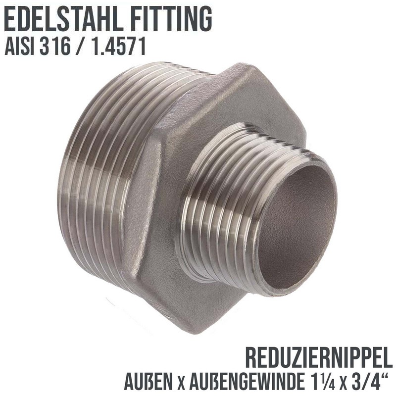 1 1/4" Edelstahl Fitting V4A AISI 316 Nr. 245 - Reduktionsnippel Außen x Außengewinde AG - 1 1/4" x 3/4" - PN 16 bar