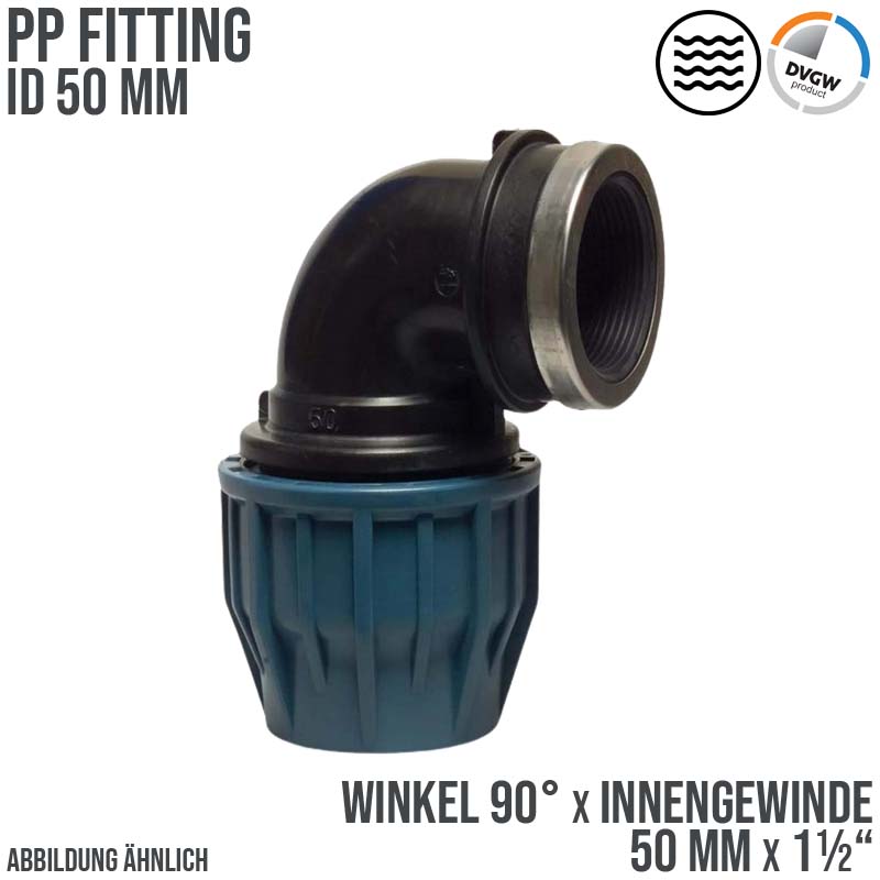 50 mm x 1 1/2" PE PP Fitting Klemm Verbinder Verschraubung Rohr Winkel 90° x IG DVGW - PN 16 bar