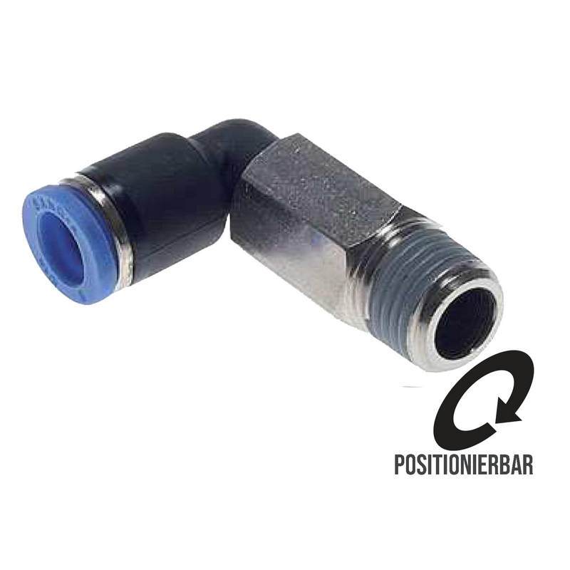 4 mm x 1/4" Pneumatik Steck Verbinder Winkel 90° lang IQS Außengewinde konisch - PN 20 bar