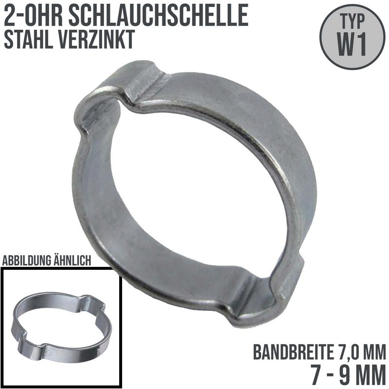 7 - 9 mm 2-Ohr Doppel Schlauch Schelle Stahl verzinkt W1 - Bandbr. 7,0 mm
