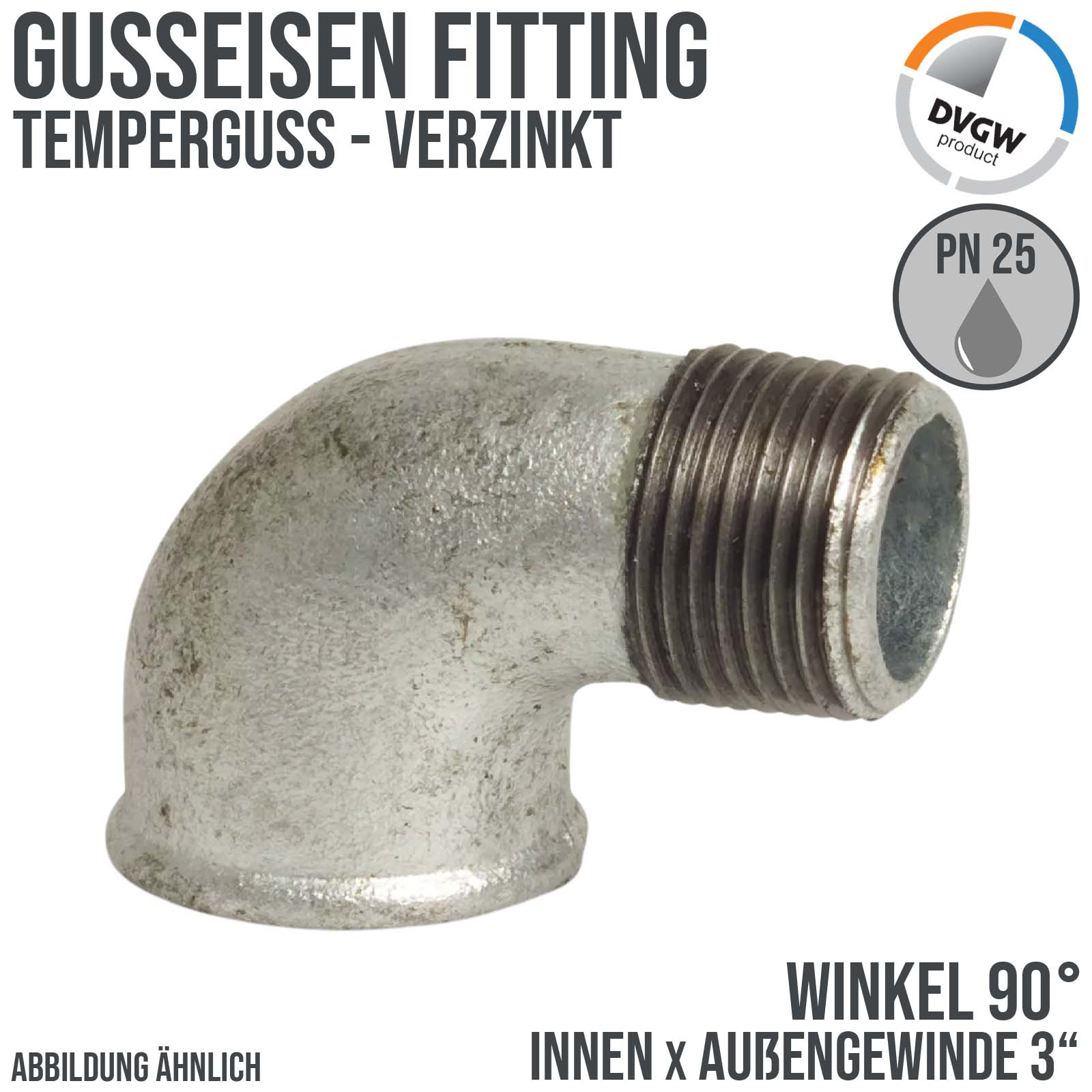 3" Gusseisen Temperguss Fitting Nr. 92 Winkel 90° Innen x Außengewinde IG x AG DVGW PN 25 bar