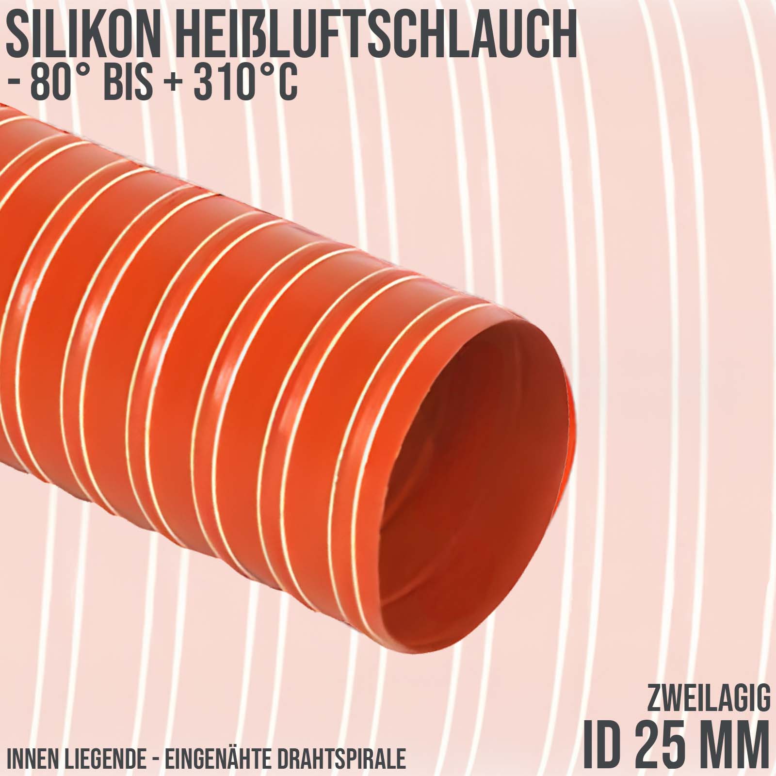 25 mm Silikon Heißluftschlauch rot - zweilagig - Wandstärke 0,46 mm - PN 2.5 bar