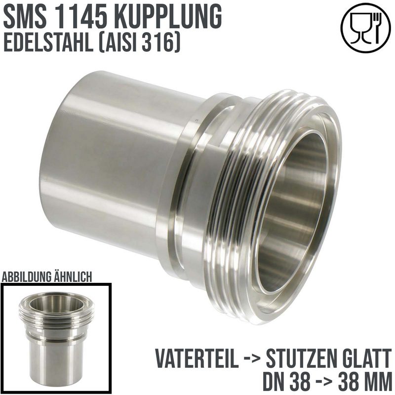 DN 40 SMS Kupplung 1145 Vaterteil VT Außengewinde Sicherungsbund - Stutzen glatt 40 mm - PN 25 bar
