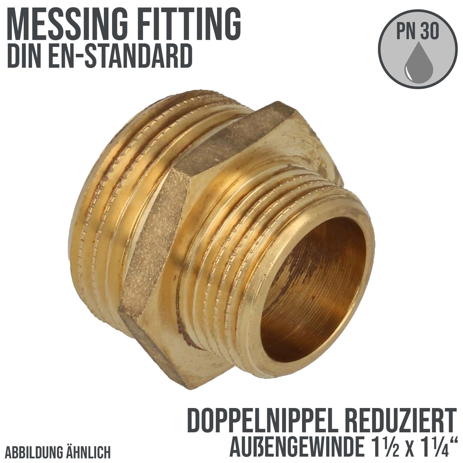 1 1/2" x 1 1/4" Doppel Nippel Nr. 245 Reduktion Aussen x Aussengewinde AG Messing Fittings PN 30 bar
