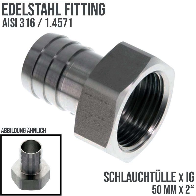 2" x 50 mm Schlauch Tülle Stutzen Innengewinde IG Nippel Edelstahl AISI 316 VA Fitting - PN 20 bar