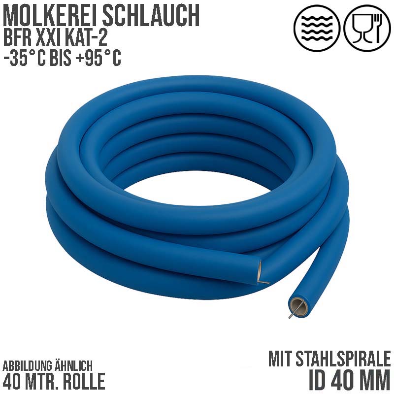 40 mm Molkerei Milch Lebensmittel Schlauch Stahlspirale BfR FDA NBR NVC blau weiß - PN 10 bar - 40 m Rolle
