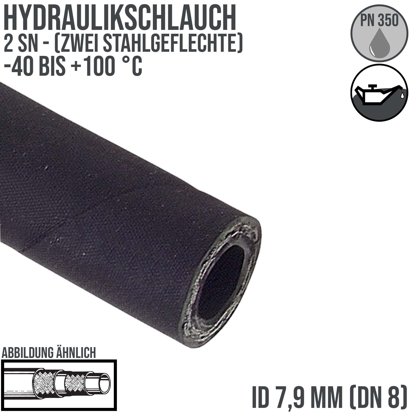 7,9 x 16,3 mm 2 SN DN 8 Hochdruck Hydraulik Wasser Kraftstoff Schlauch zweifach Draht Einlage schwarz EN 853 - PN 350 bar