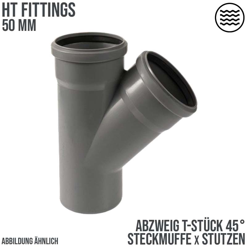 50 mm PP T-Stück 45° Abzweig Abfluß Abwasser HT KG Rohr Steckmuffe x Stutzen grau