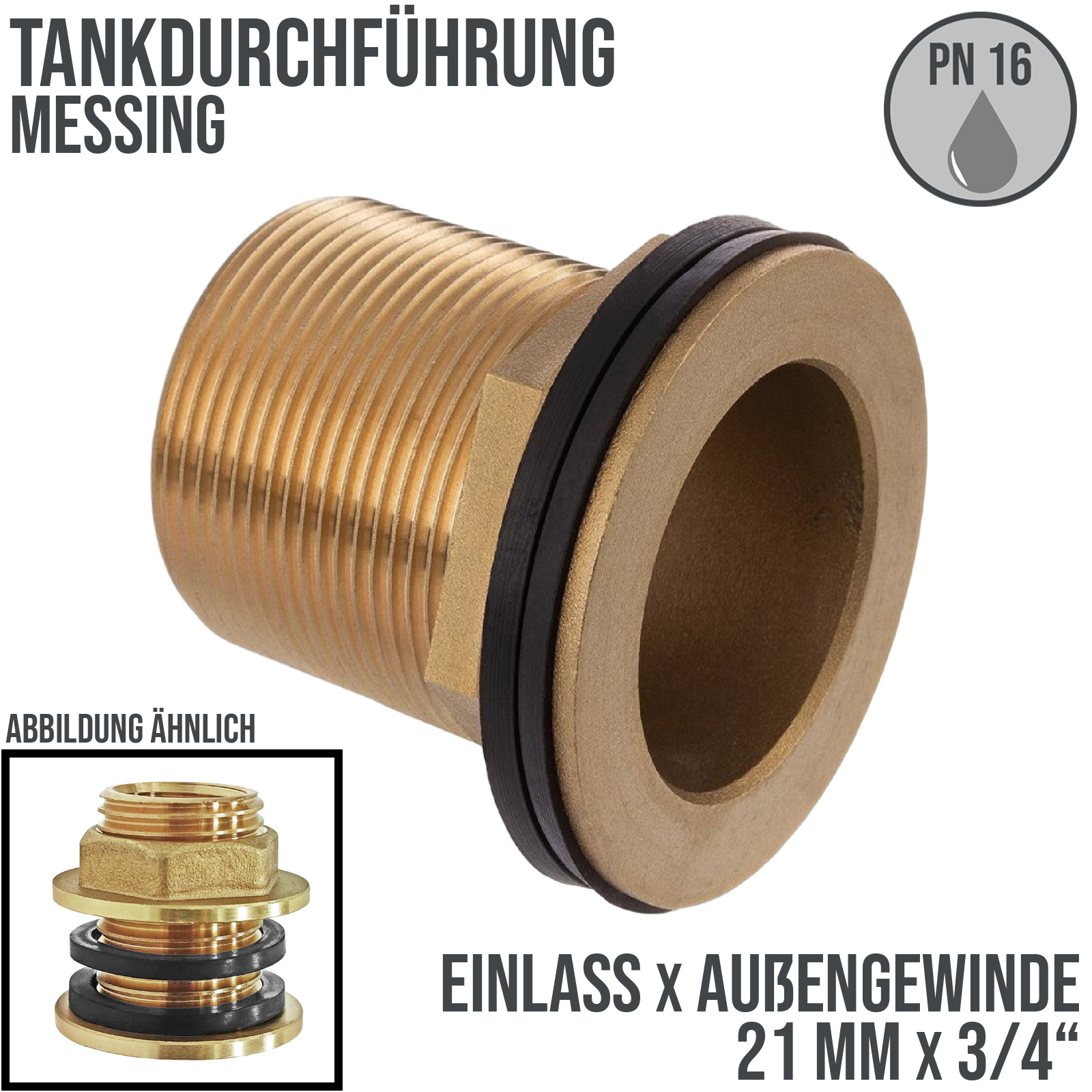 3/4" Tank Regen Tonnen Durchführung Connector Messing Einlass (rund) x Außengewinde  - PN 16 bar