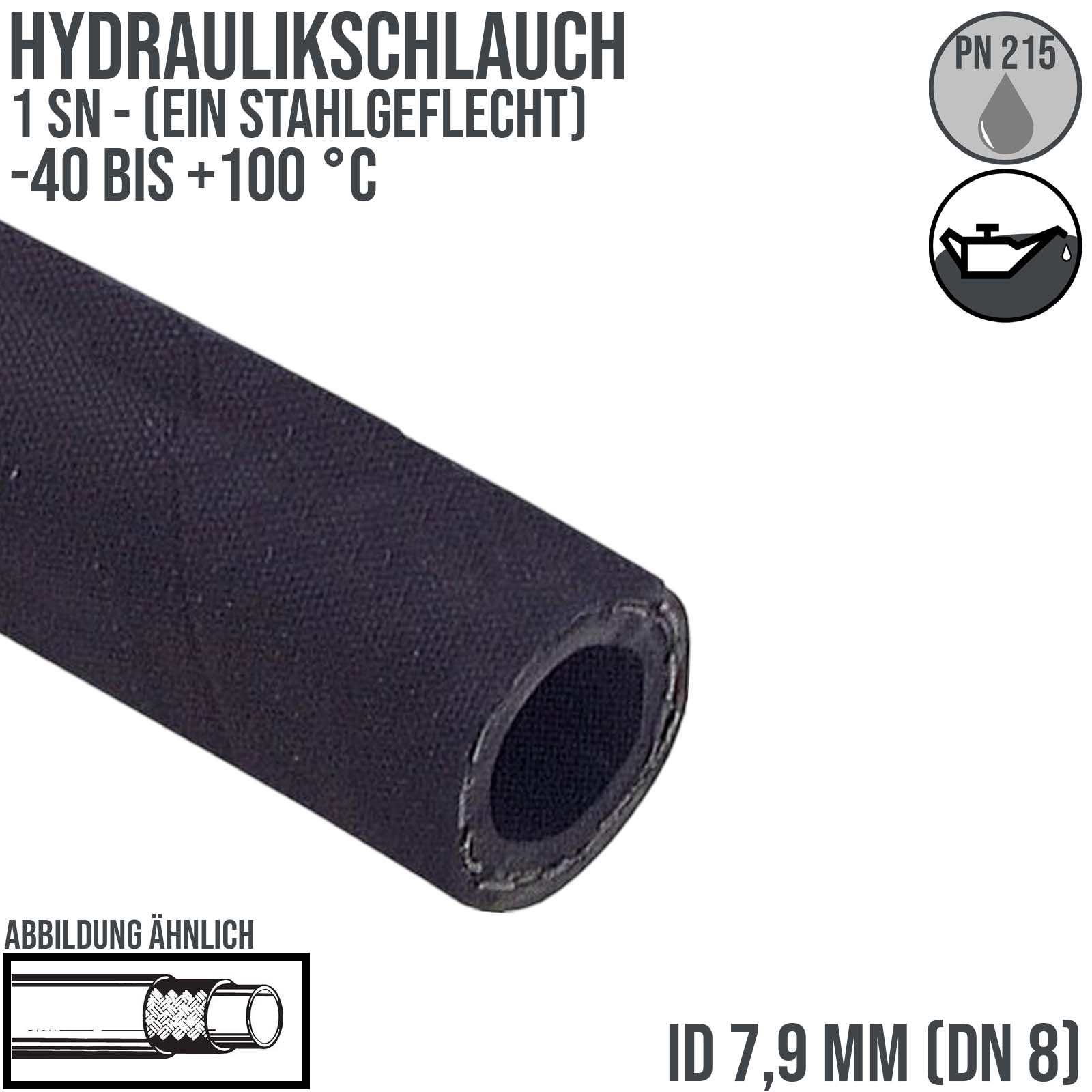 7,9 x 14,6 mm 1 SN DN 8 Hochdruck Hydraulik Wasser Kraftstoff Schlauch einfach Draht Einlage schwarz EN 853 - PN 215 bar