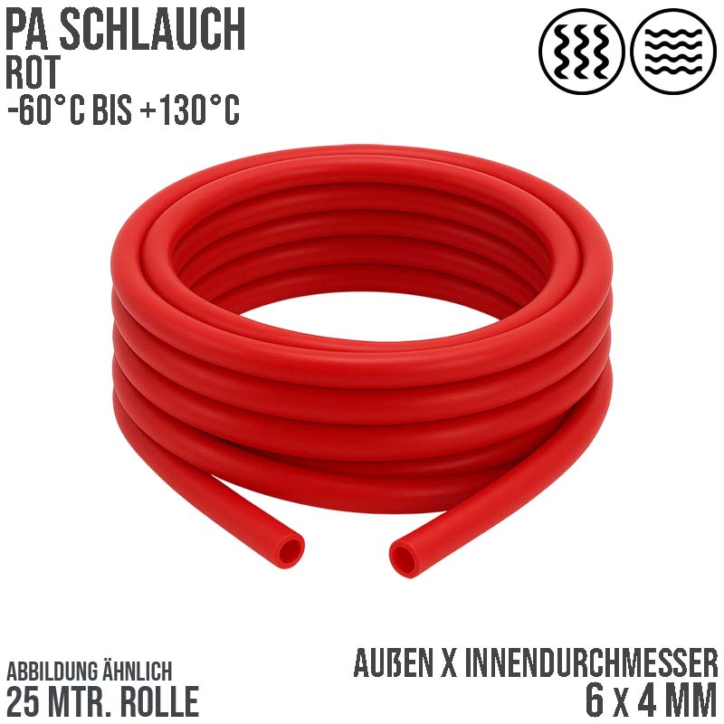 6 x 4 mm Polyamid PA Pneumatik Schlauch rot - PN 27 bar - 25 m