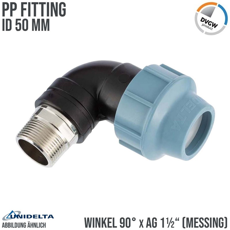 50 mm x 1 1/2" PE PP Fitting Klemm Verbinder Rohr Winkel 90° x Messing AG DVGW - Unidelta