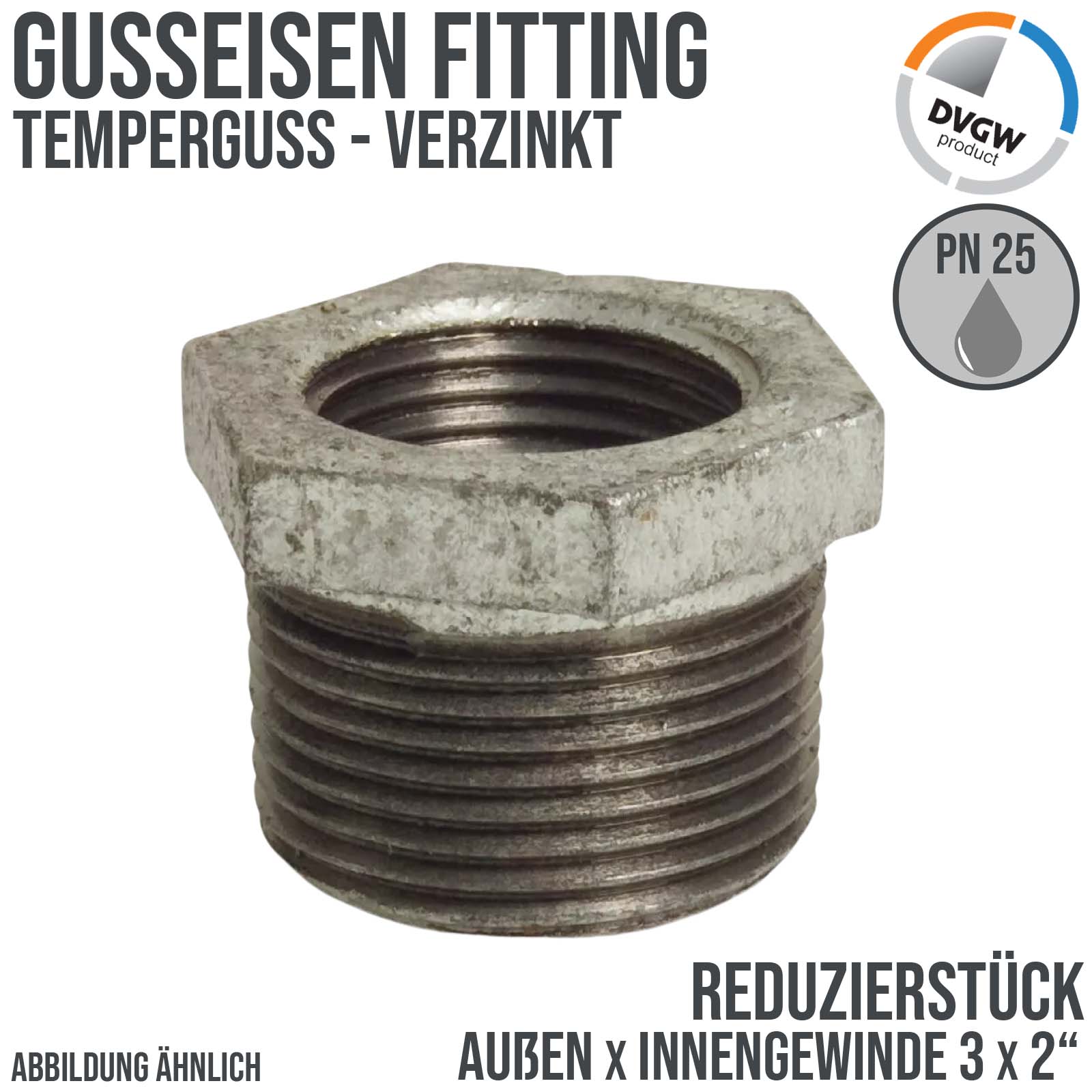 3" x 2" Gusseisen Temperguss Reduzierstück Nr. 241 Außen x Innengewinde AG x IG DVGW PN 25 bar