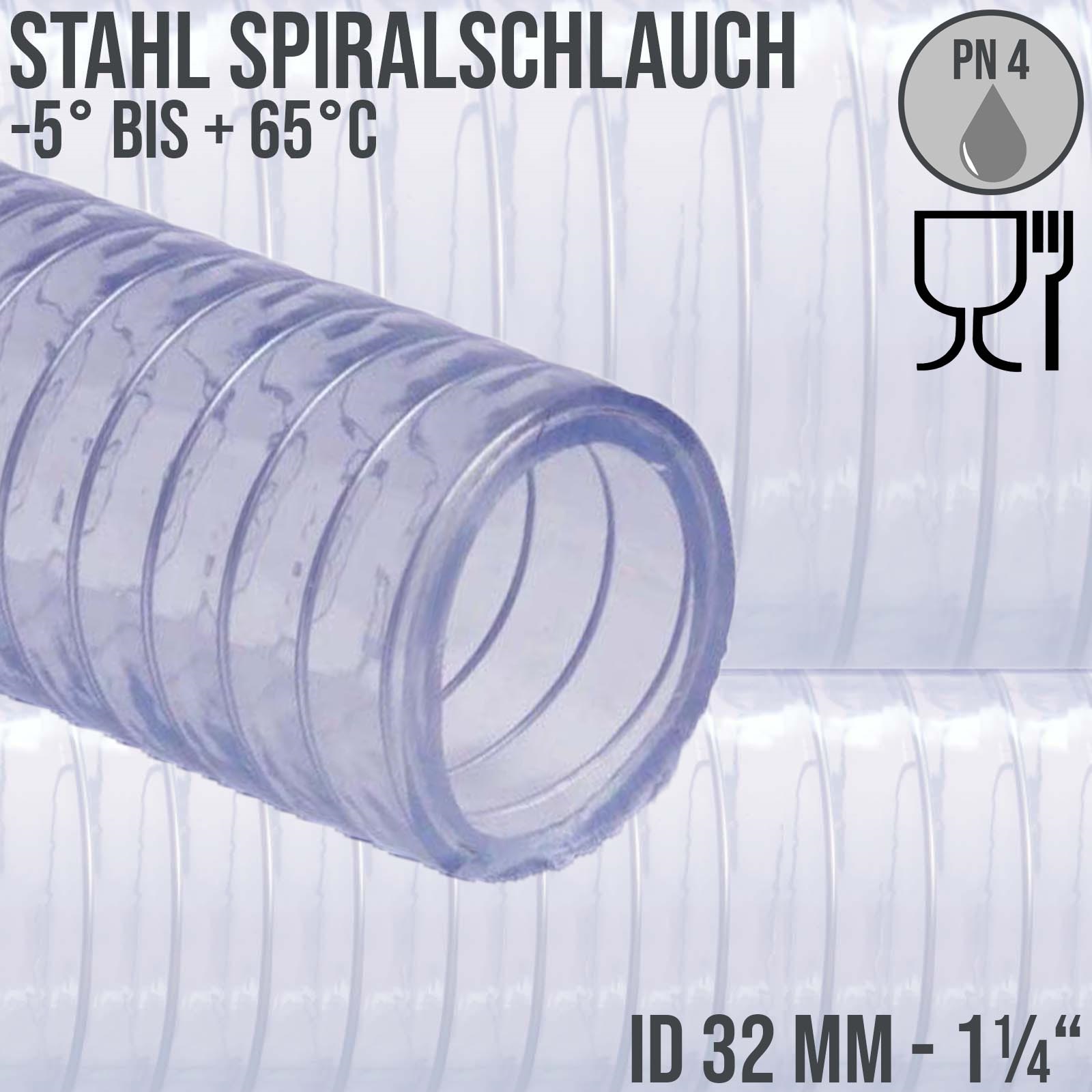 32 mm 1 1/4" Zoll Saug Ansaug Druck Abwasser Pumpen Schlauch Stahlspirale transparent PN 4 bar