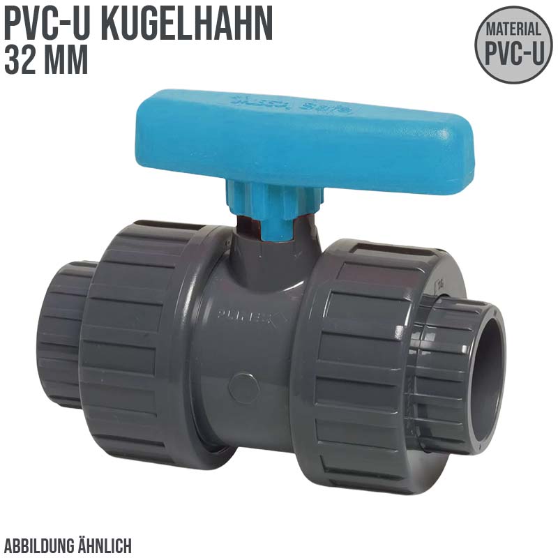 32 mm PVC Kugel Absperr Hahn Ventil beidseitige Klebemuffe Fitting PN 16 bar - blauer Griff