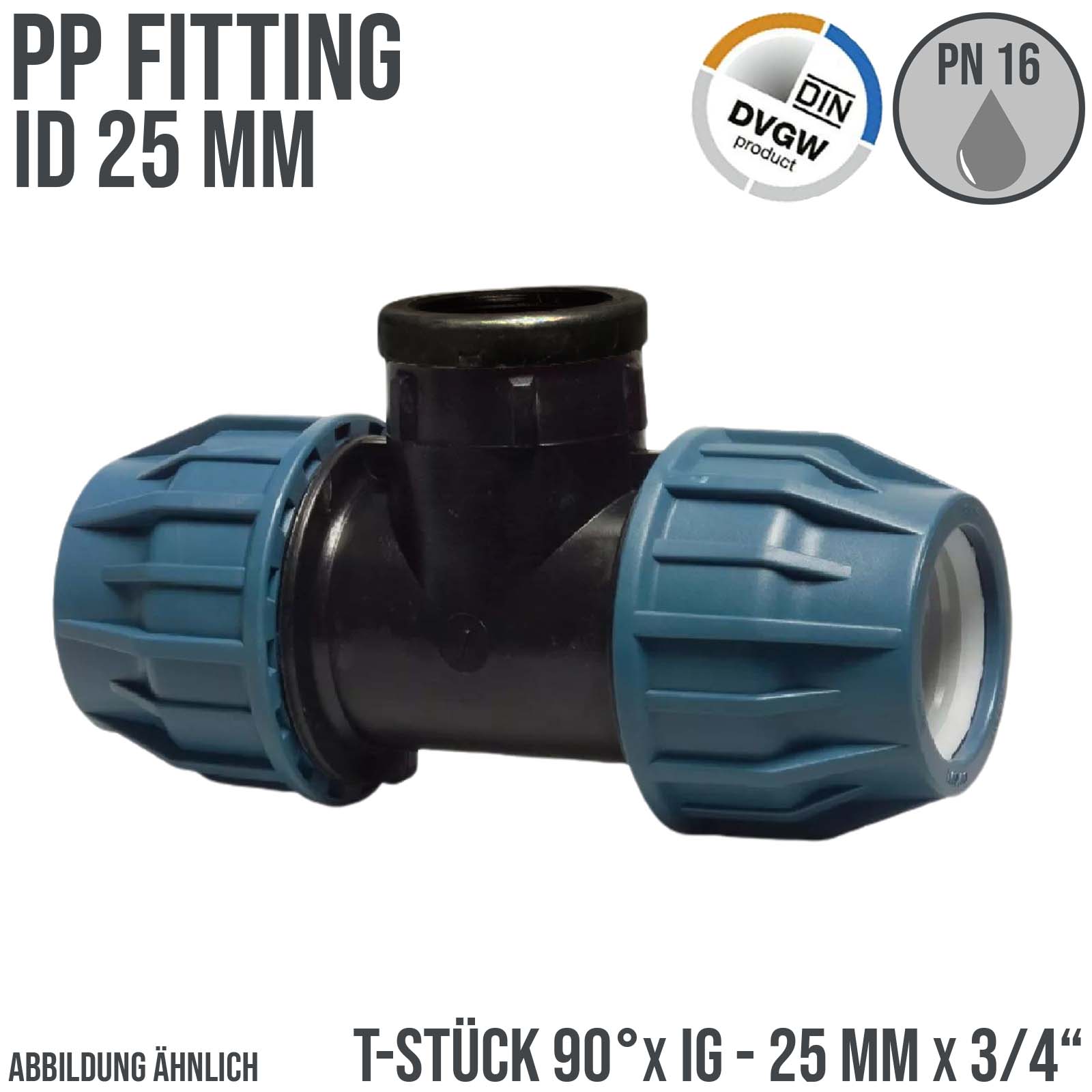 25 mm x 3/4" PE PP Fitting Klemm Verbinder Verschraubung Rohr T-Stück 90° x IG DVGW - PN 16 bar 