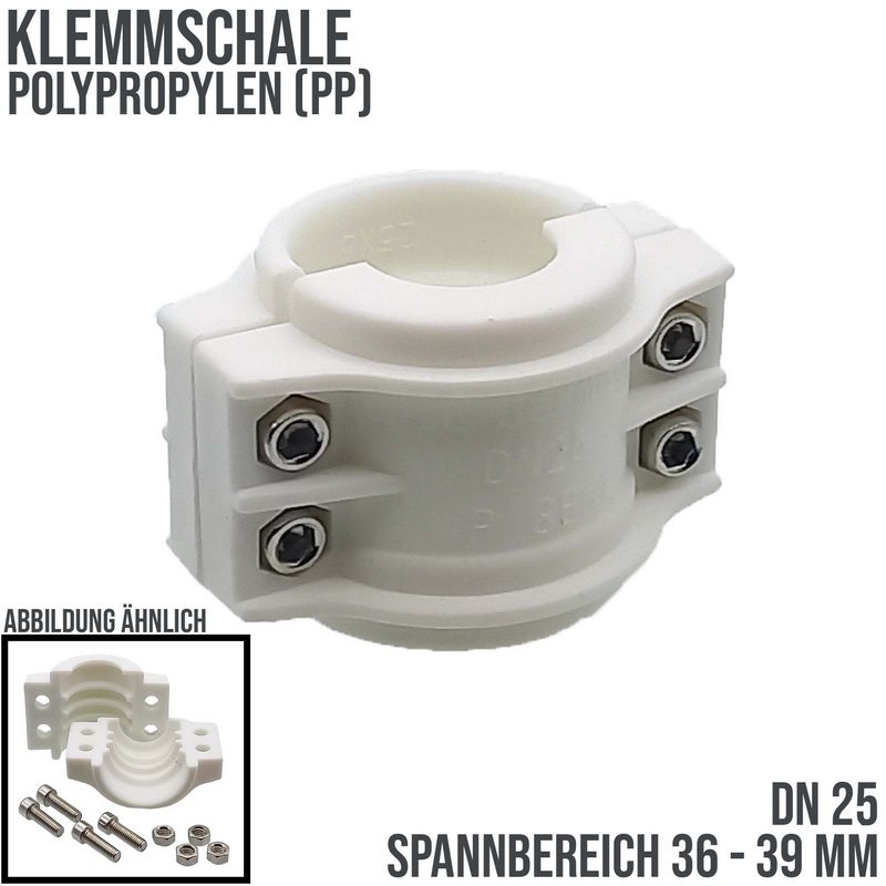 DN 25 Klemmschale Polypropylen PP weiss Spannbereich 36 - 39 mm für Schlauch ID x AD 25 x 37 mm - PN 8 bar