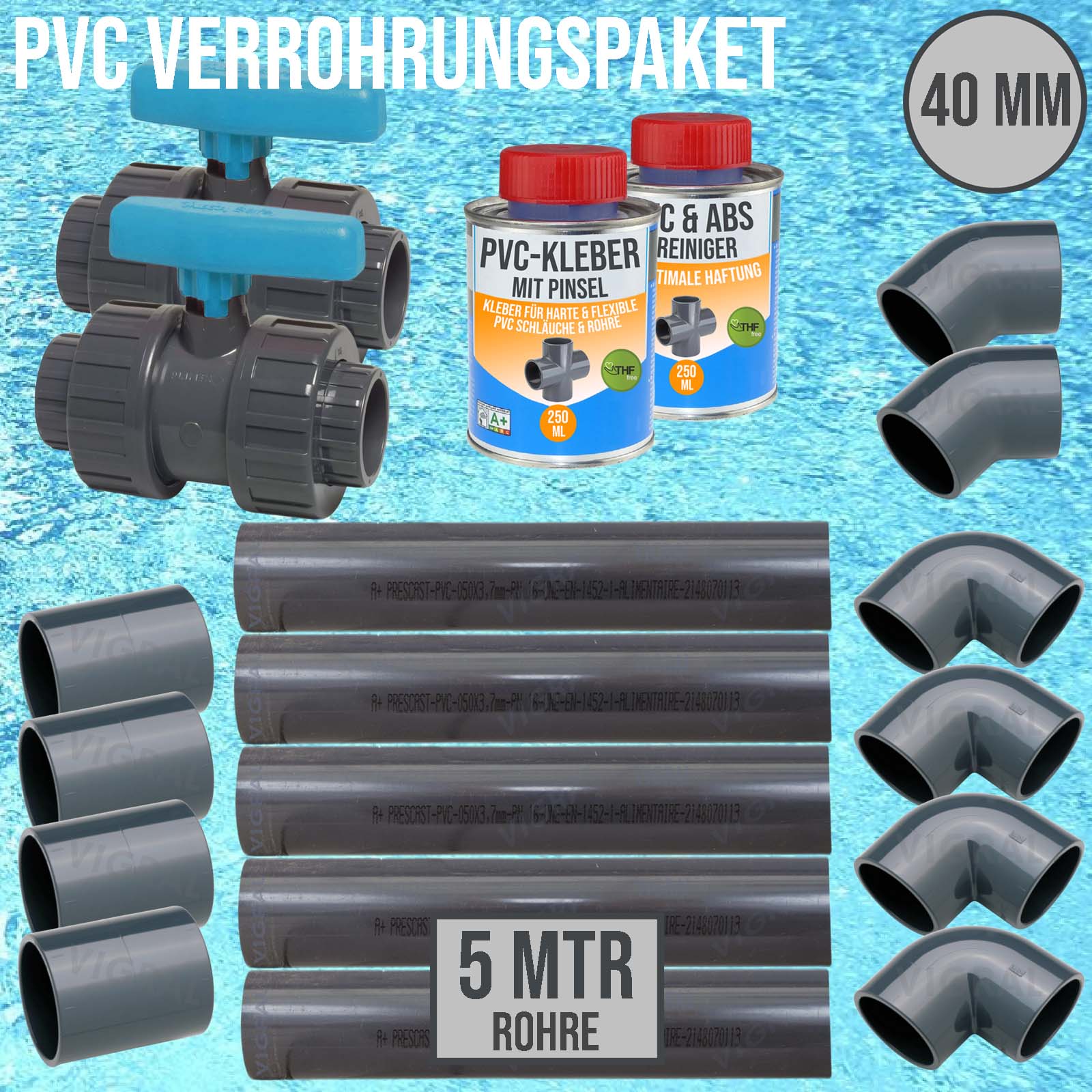 40 mm PVC Klebe Fittings Verrohrungspaket Pool Schwimmbad Schlauch Rohr FEST - 5 m - blau