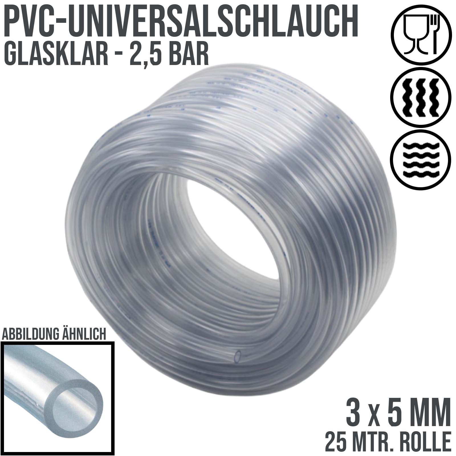 3 x 5 mm PVC Luft Filter Wasser Universal Labor Aquarium Terrarium Schlauch klar durchsichtig - PN 2,5 bar  - 25 m