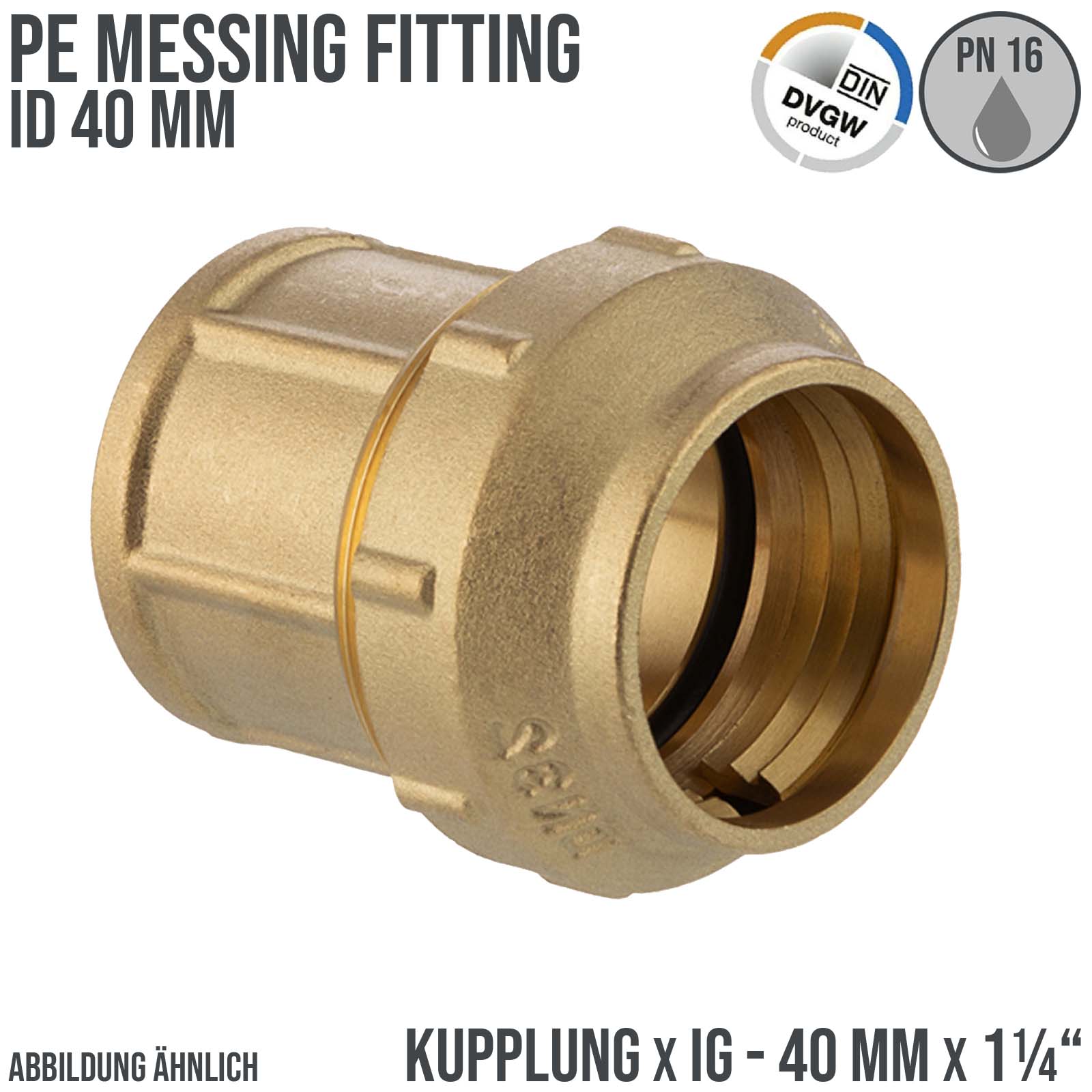 40 mm x 1 1/4" PE Fitting Klemm Verbinder Messing Verschraubung Muffe Kupplung x IG DVGW - PN 16 bar