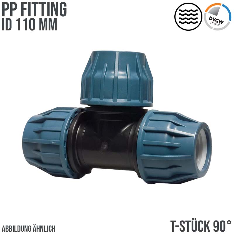 110 mm PE PP Fitting Klemm Verbinder Verschraubung Muffe Rohr T-Stück 90° DVGW - PN 16 bar