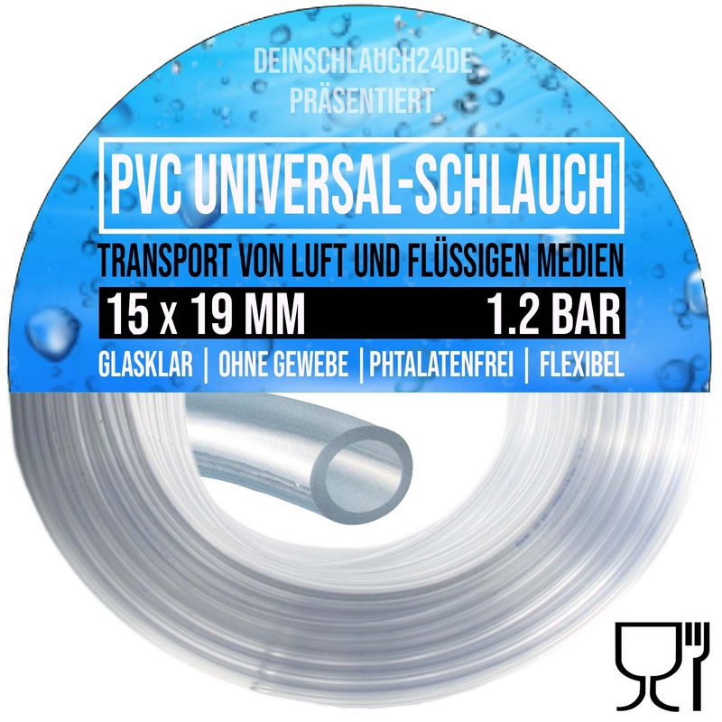 15 x 19 mm PVC Luft Filter Wasser Universal Labor Aquarium Terrarium Schlauch klar durchsichtig - PN 1,2 bar