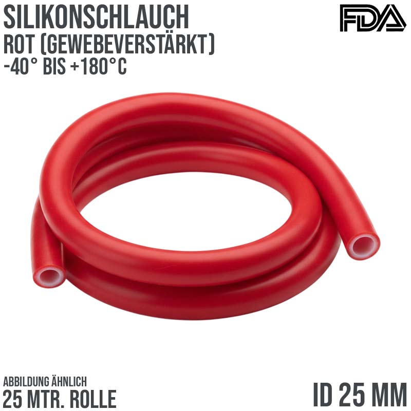 25 x 35 mm Silikon Silicon Schlauch Gewebe rot lebensmittelecht FDA PN 7 bar - 25 m