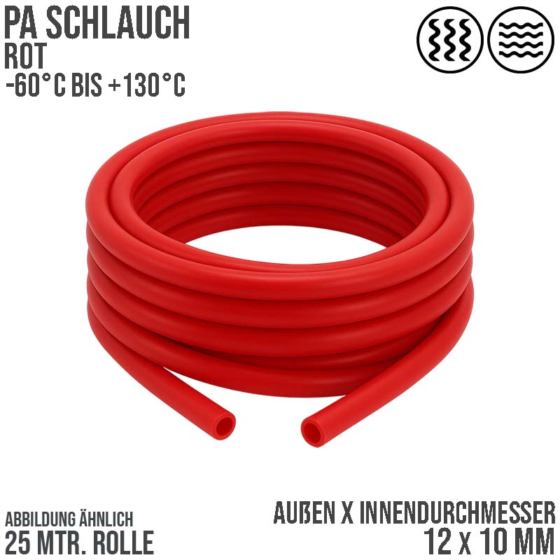 12 x 10 mm Polyamid PA Pneumatik Schlauch rot - PN 12 bar - 25 m