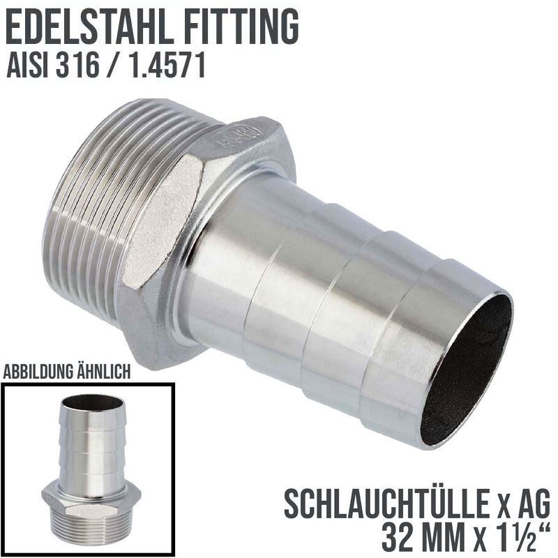 32 mm x 1 1/2" Zoll Schlauch Tülle Stutzen Außengewinde AG Nippel Edelstahl AISI 316 VA  Fitting - PN 20 bar