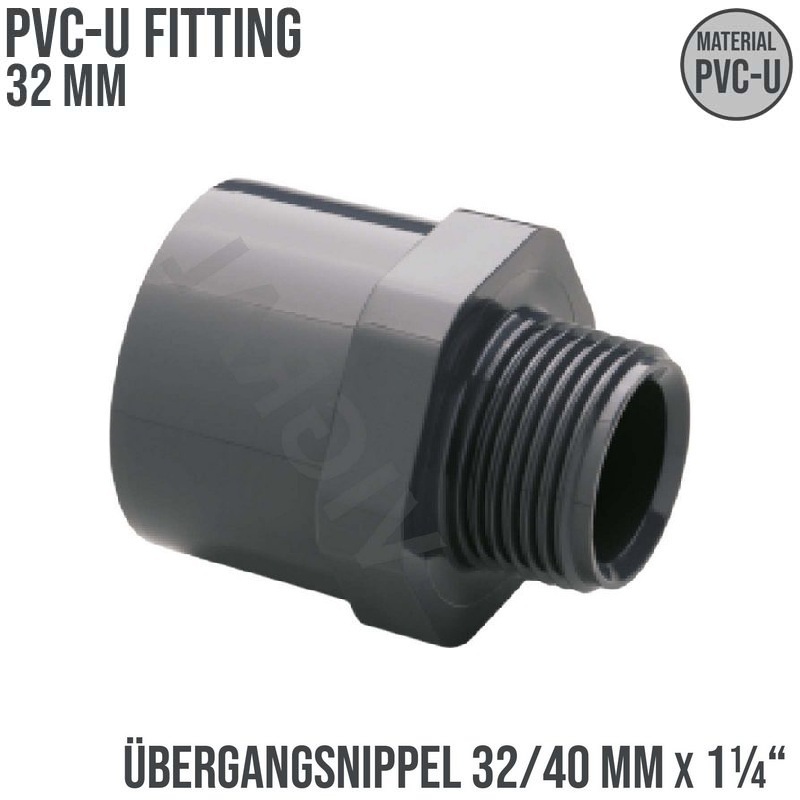 32 mm PVC Klebe Fitting Übergangsnippel Sechs-/Achtkant 32/40 mm x 1 1/4" Muffe Verbinder - PN 10 bar