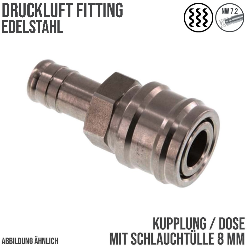 8 mm Druckluft Kupplung Dose Schnell Edelstahl NW 7,2 Tülle LW - PN 35 bar