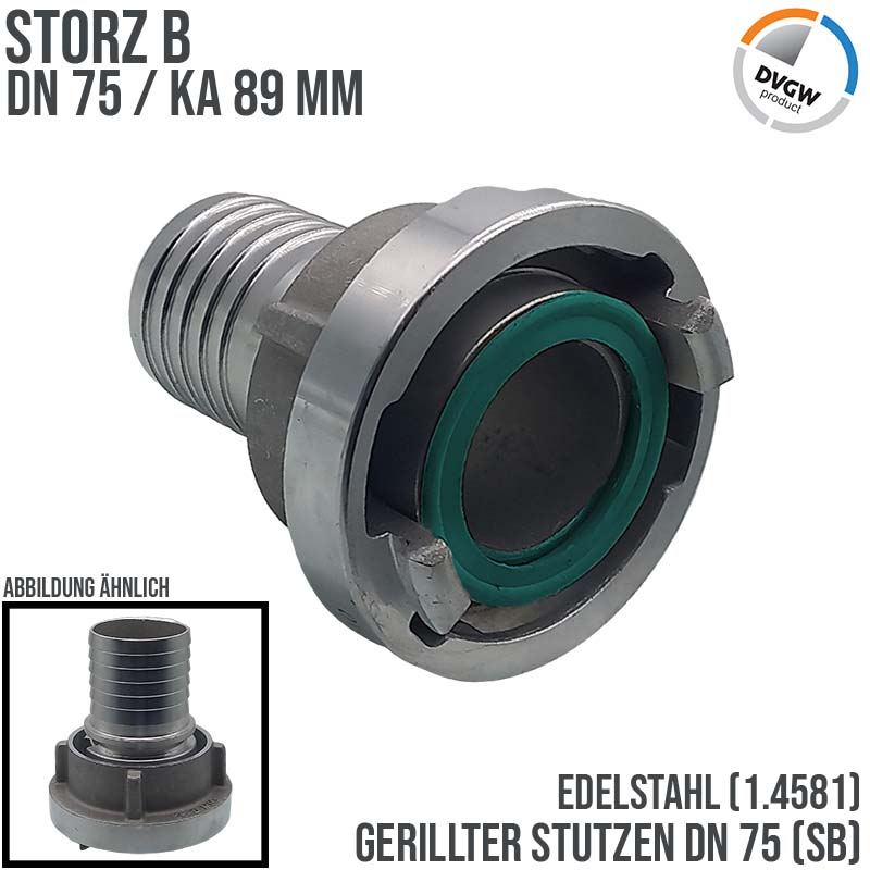 STORZ B DN 75 KA 89 V4A Saug Druck Kupplung -> gerillter Sägezahn Stutzen Tülle Sicherungsbund DN50 Klemmschale Einband - PN 16 bar
