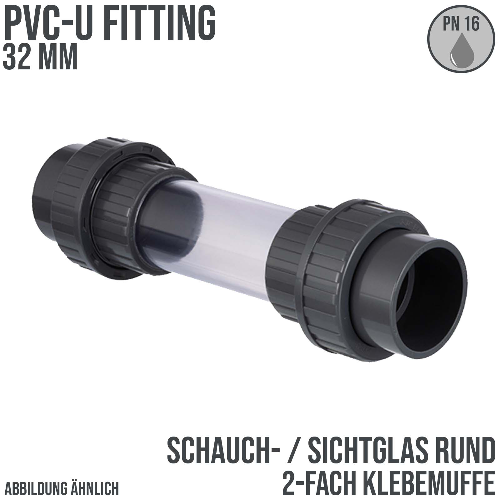 32 mm PVC Sicht Schau Glas rund 2-fach Klebe Muffe PN 16 bar