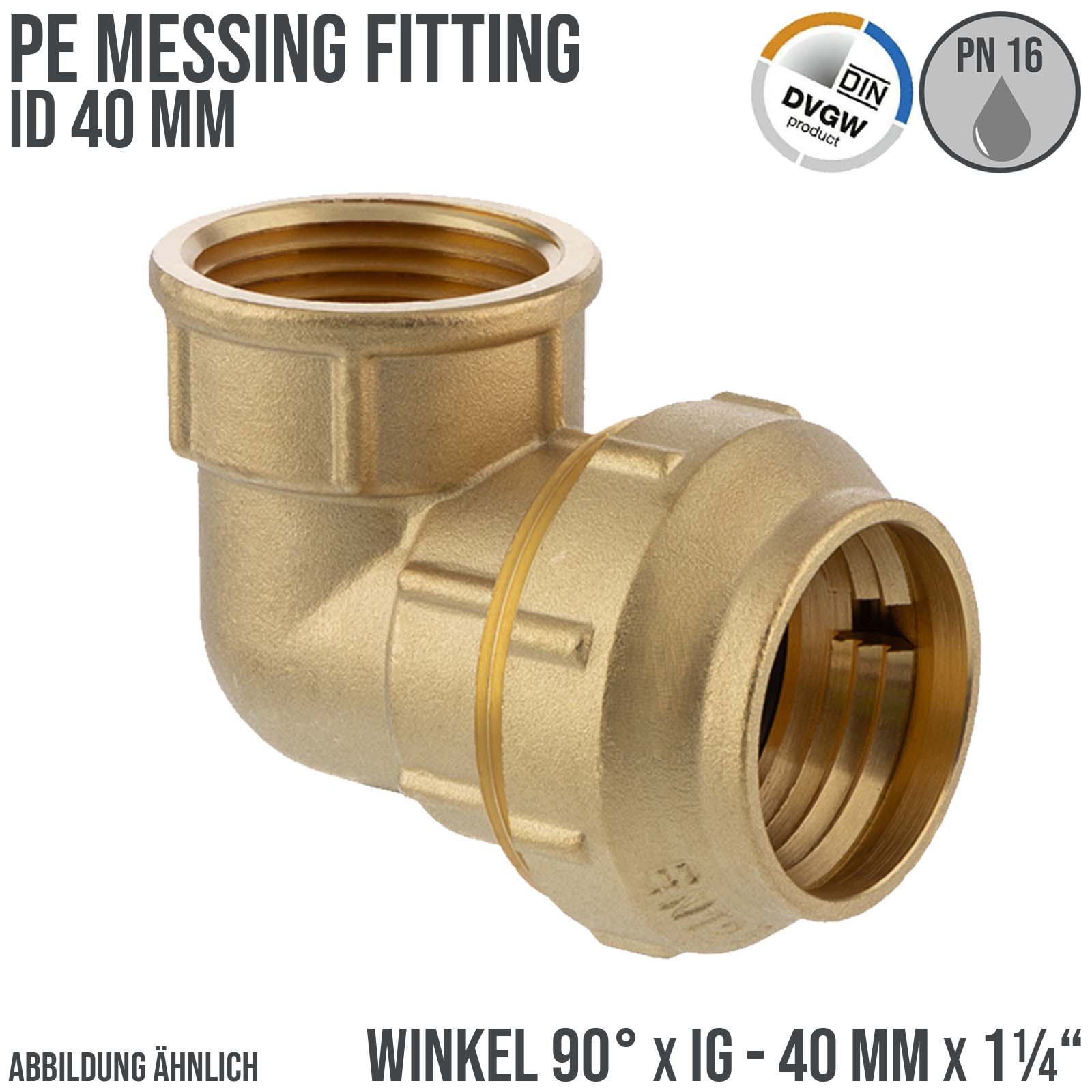 40 mm x 1 1/4" PE Fitting Klemm Verbinder Messing Verschraubung Muffe Winkel 90° x IG DVGW - PN 16 bar