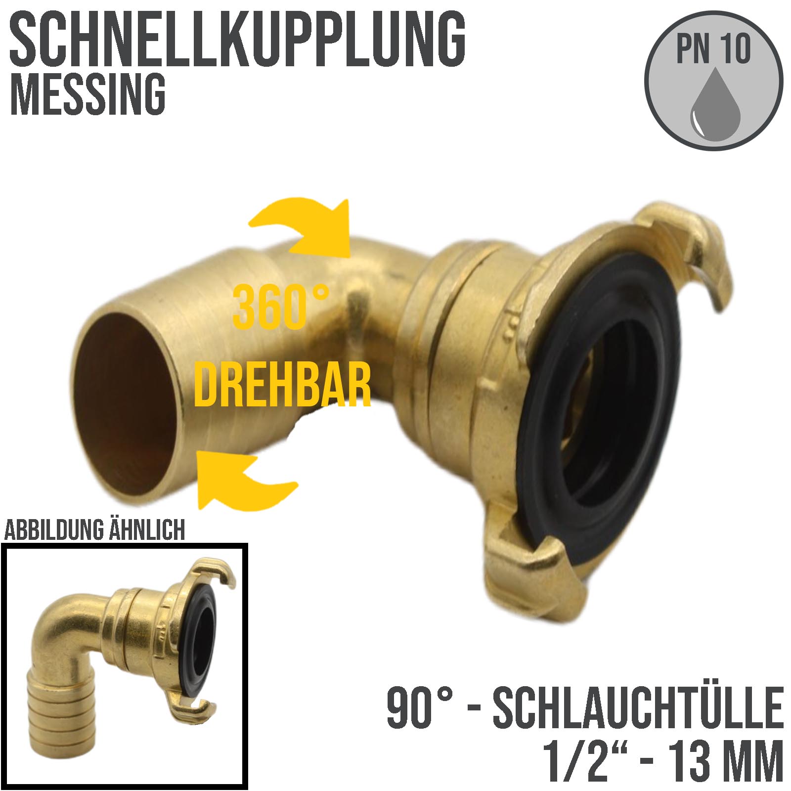 1/2" 13 mm  Messing Schlauch Schnell Kupplung 90° Winkel Tülle drehbar (GEKA kompatibel) - PN 10 bar