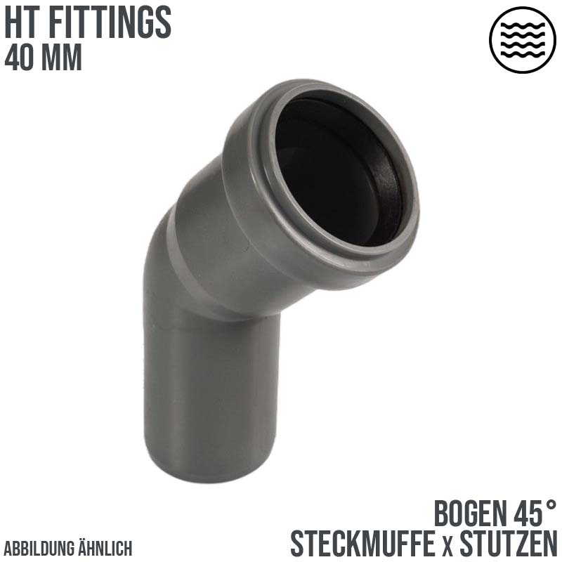 40 mm PP Bogen 45° Abzweig Abfluß Abwasser HT KG Rohr Steckmuffe x Stutzen grau